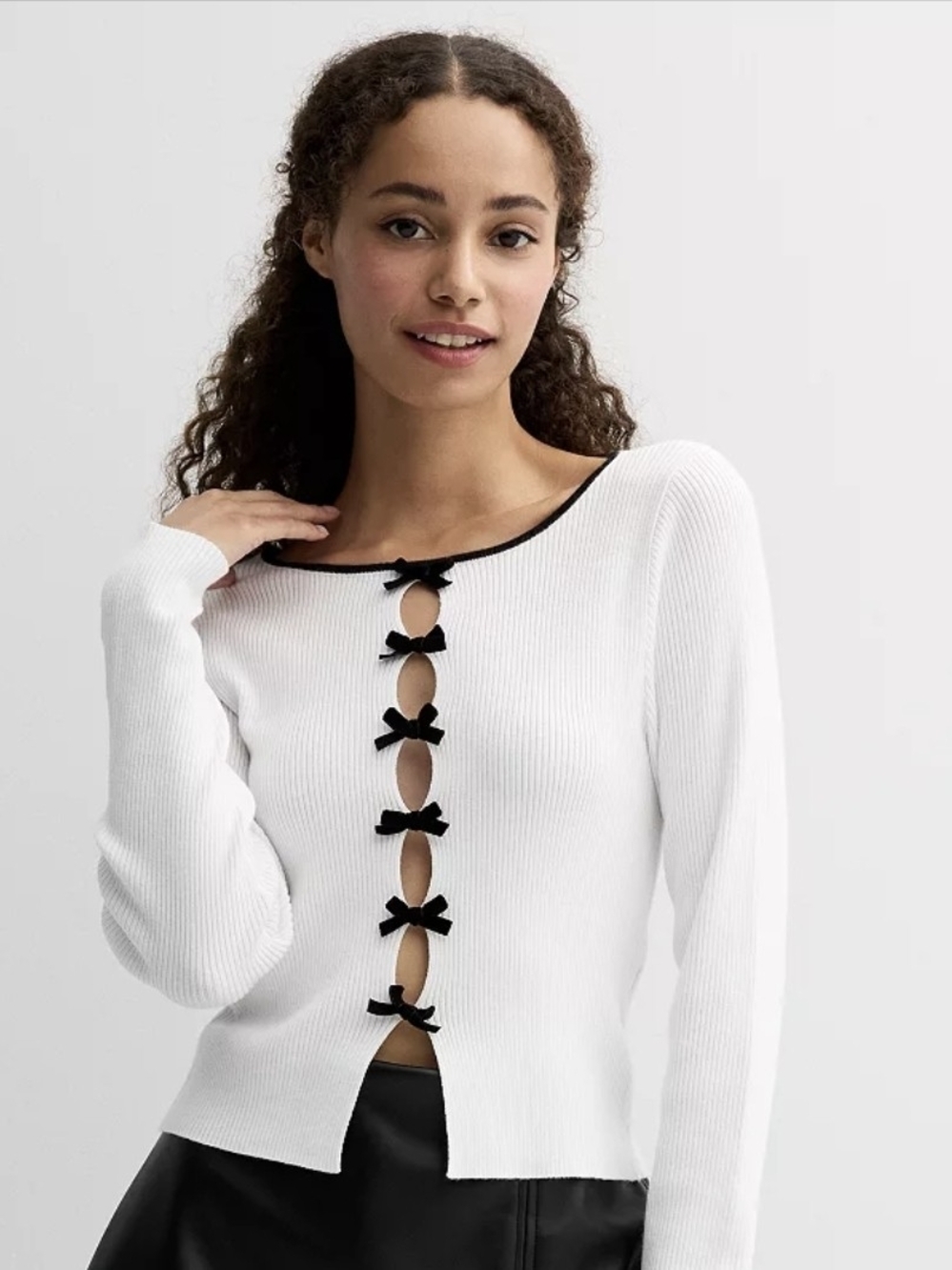 Charlotte Russe White Ribbed Top with Black Bows & Trim #0268